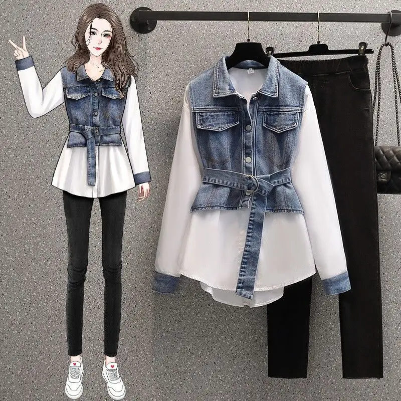 Summer New Elegant Women's Pants Set Fashion Loose Denim Shirt Black Trousers Two Piece Set Leisure Sports Tracksuit