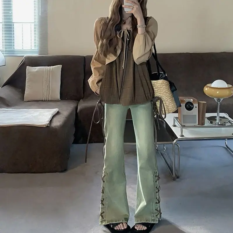 

New Women Y2k Flare Long Denim Pants Slim Grey Jeans Pants Lace-up Fashion Design Female High-waisted Clothing