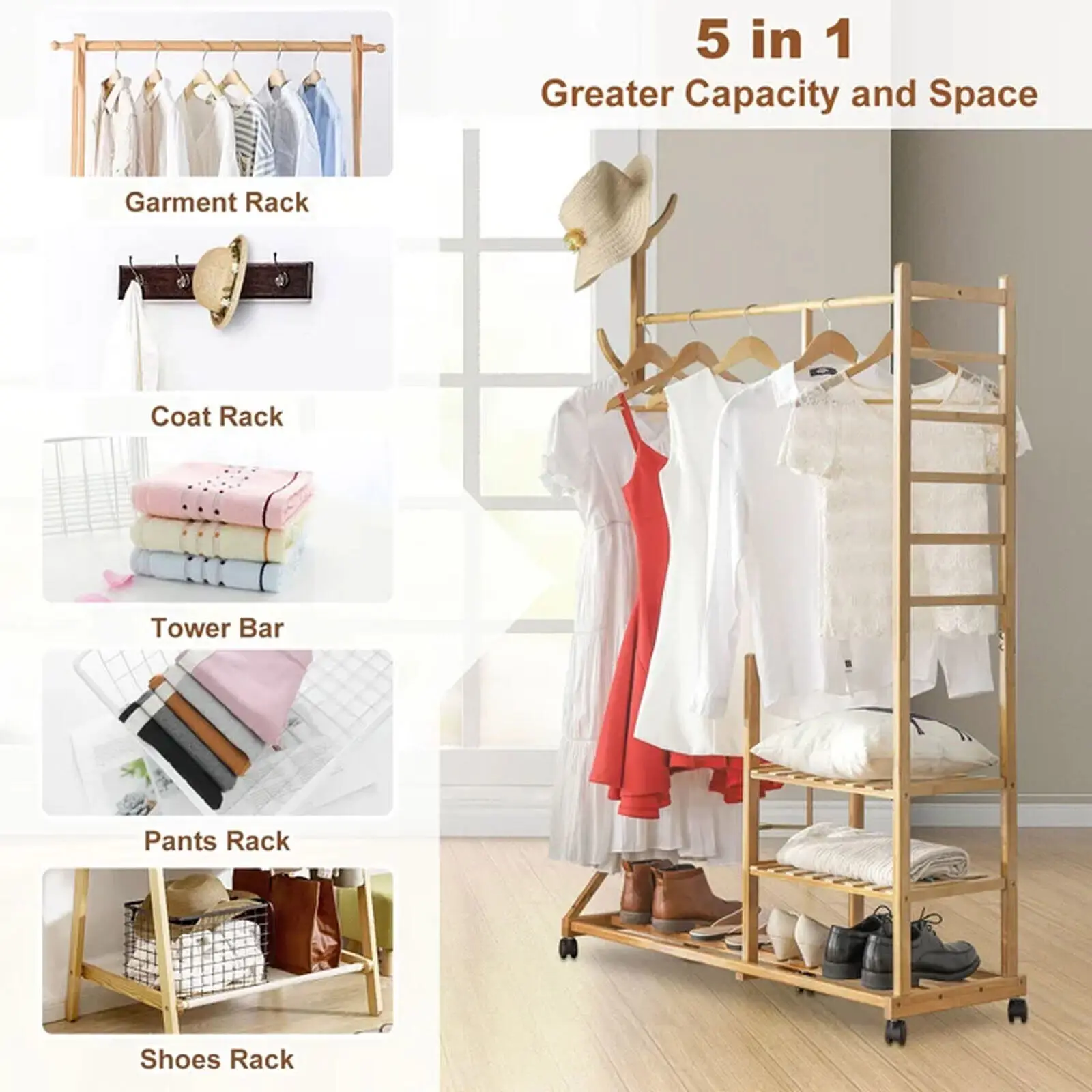 3 Tier Clothes and Hat Rack Bamboo Log Garment Shelves Storage Organizer Movable