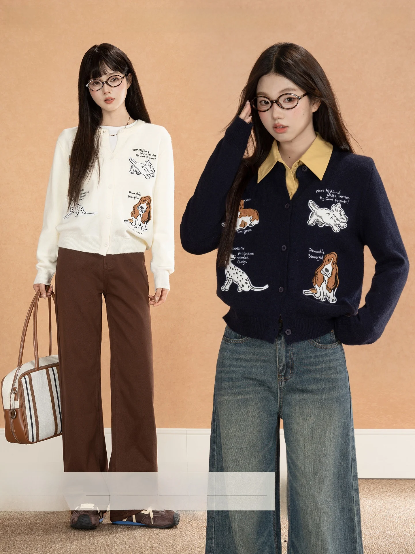 

Loveheynew Женский вязаный кардиган с вышивкой милой собачки, свободный крой, круглый вырез, осенне-зимний, в стиле Lazy Feel