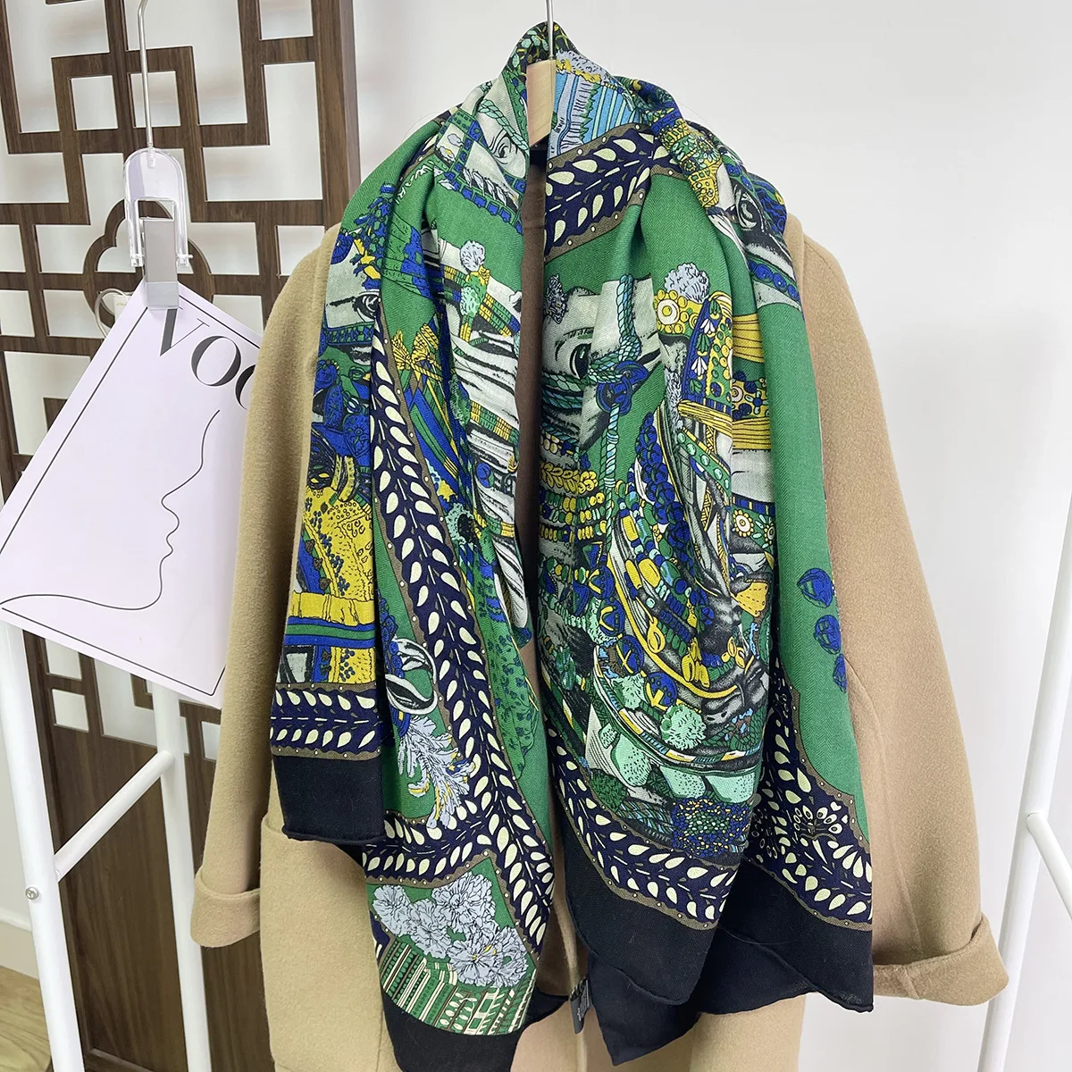 Green Horse Winter Accessories Cashmere Wool Silk Scarf Designer Herm Large Hand Rolled Edge Pashmina Shawls Ponch 135CM