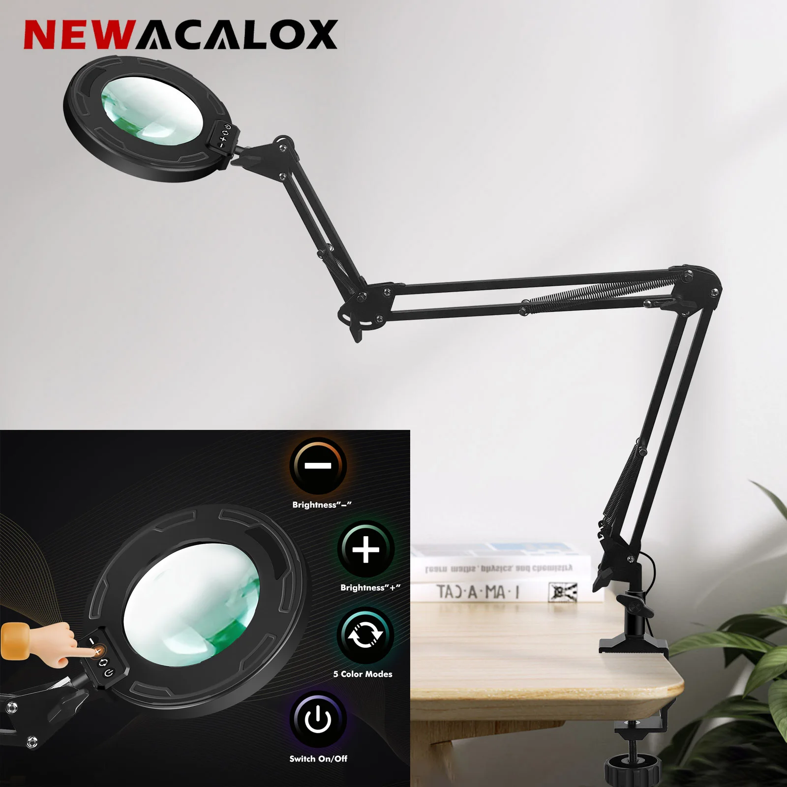 NEWACALOX Upgrade 5X Magnifier Magnifying Glass Light 5 Colors Table Lamp 110mm Diameter Lens Lighting Welding Tool