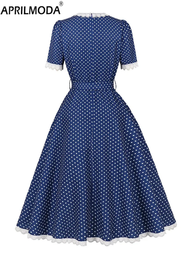 2025 Retro Vintage Lace Elegant ชุดราตรีสั้นกับเข็มขัด Polka Dot พิมพ์ V คอฤดูใบไม้ร่วงชุดราตรี 50s 60s ค็อกเทล