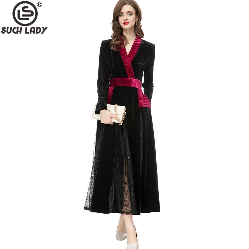 

Women's Runway Dresses Sexy V Neck Long Sleeves Lace Patchwork Color Block Piping Elegant Velvet Party Vestidos