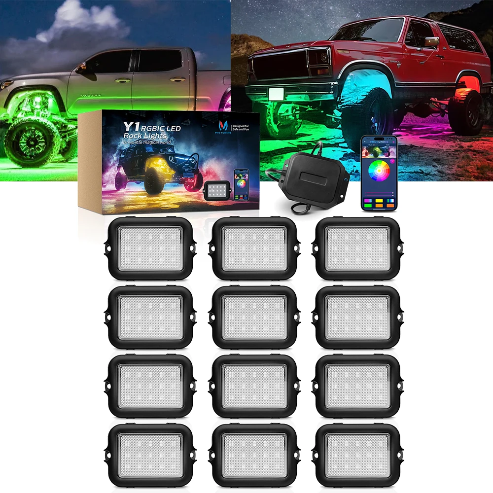 MICTUNING 12Pods Y1 Extensible RGB+IC LED Rock Lights Kit, Color Decorative Underbody Lights With Wireless APP Control For Truck