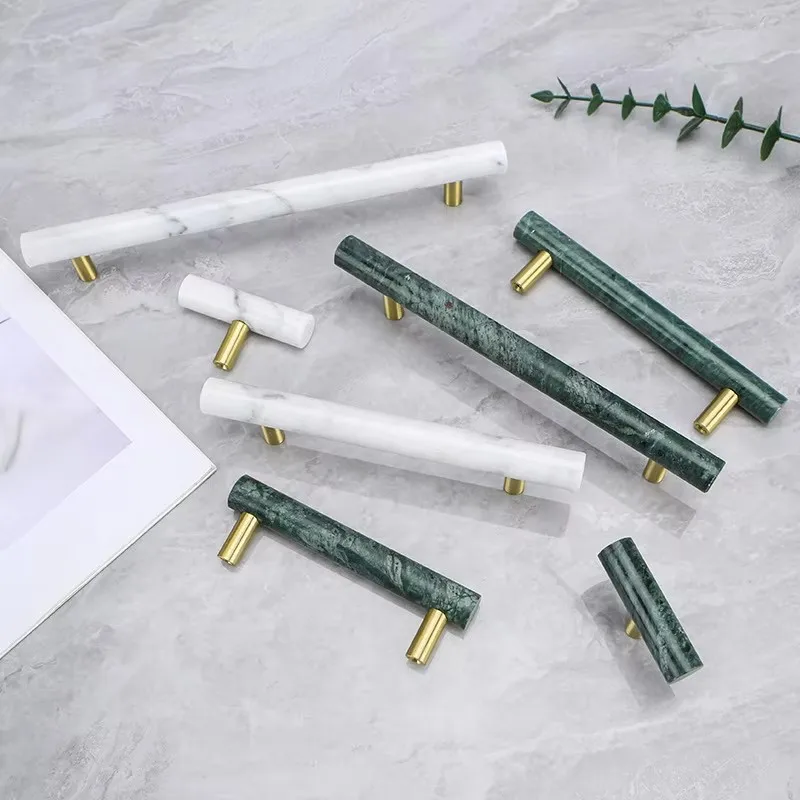 Brass Marble Cabinet Handle Natural Stone Wardrobe Handles Pastoralism Furniture Pull Bar Drawer T Bar Green White