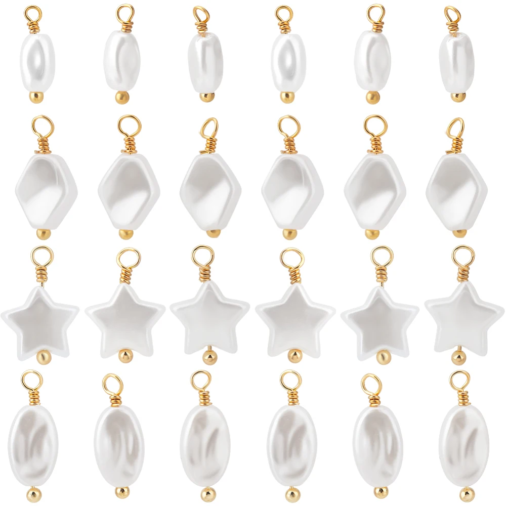 48 Piezas de Colgantes de Perlas de Imitación de Plástico en 4 Estilos con Baño de Oro Real de 18K y Fornituras de Latón