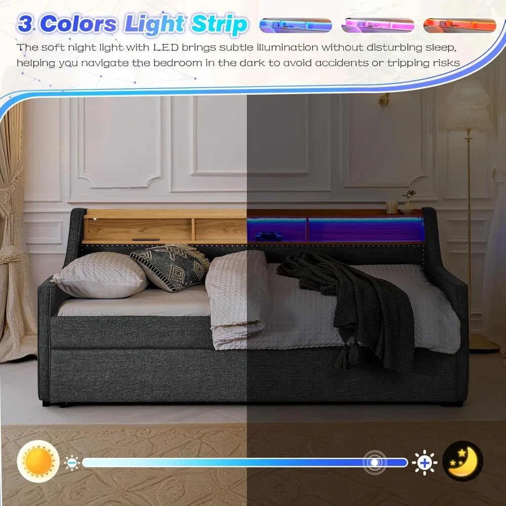 سرير نهاري مزدوج مع دولاب منبثق وشاحن لاسلكي، إطار سرير نهاري للأريكة المنجدة مع لوح رأسي للتخزين LED/USB/Type C/Storage، Twin to King #4