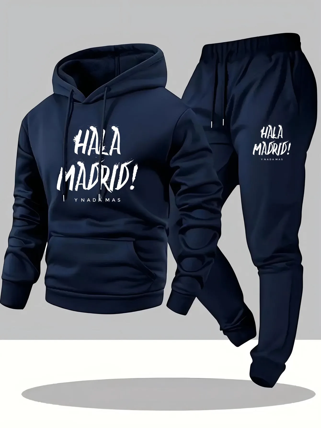 

2026 Men's Hala Madrid Graphic Print Hoodie And Jogger Set Casual Loose Fit Polyester Knit Pullover with Elastic Material