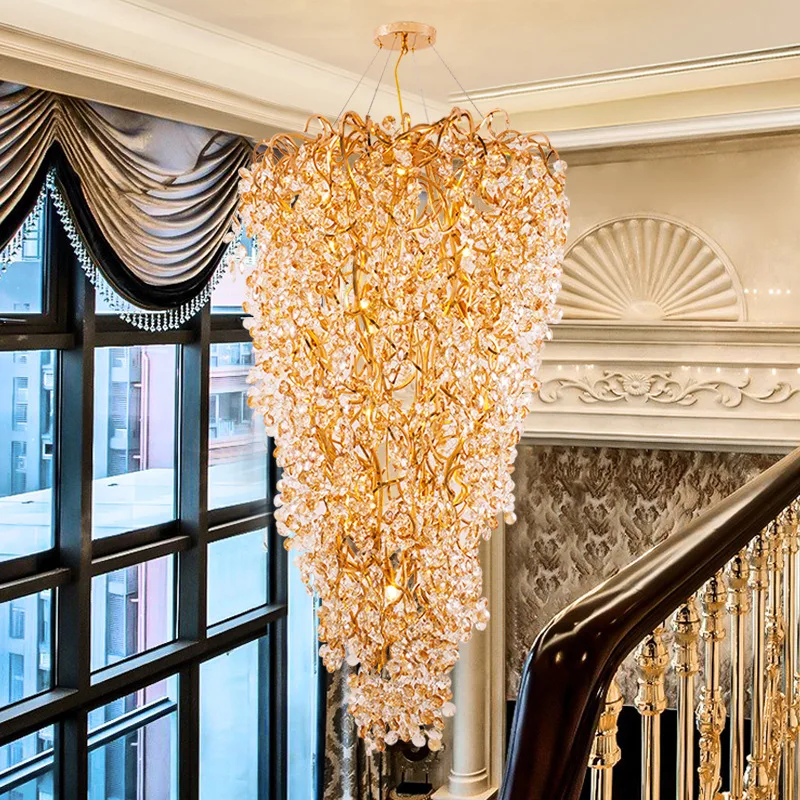 

Luxury Staircase Crystal LED Chandelier for Living Room Modern Golden Spiral Staircase Crystal Chandelier Hanging Lamps Lighting