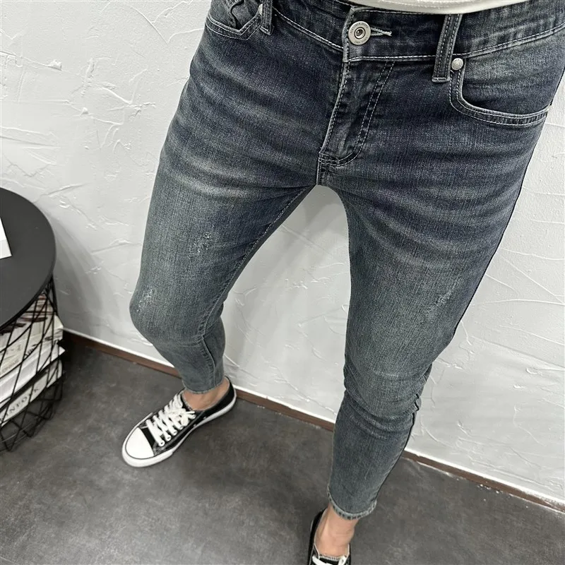 

Retro Faded Waed ey Blue Elastic Slim Fit Jeans Men Summer Trend Casual Tight Nine Points Long Pants