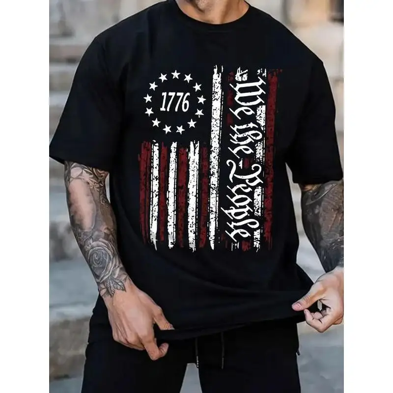 

Men's Vintage 1776 We The People T-Shirt American Patriot Flag Graphic Tee Independence Day US Historical Casual Top