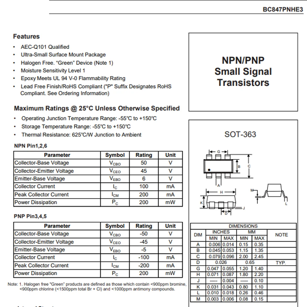 (100 pcs) BC847PNHE3-TP SOT-363 BC847PNHE3 BC847- NPN+PNP Transistor Array 45V 100mA 100MHz 200mW
