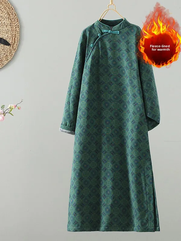 Retro Print Linen Fce Dr Large Size Women's 2025 Long Slimming Thiened Improved Skirt Warm Long Sve