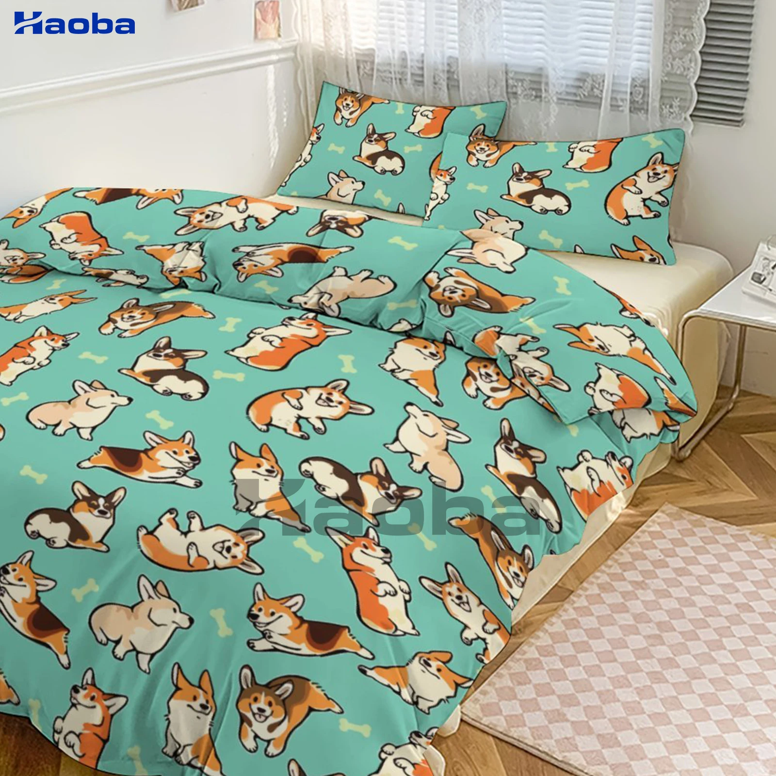 Cute Corgi Three Piece Bedding Set Children or Adults for Beds Quilt Covers Birthday Gifts for Women Men