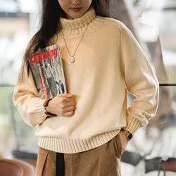 MADEN Women High-neck Sweater 2024 Autumn Winter Thickened Warm Knitwear Wheat Sheaf Texture Sweater Beige Pullover Tops