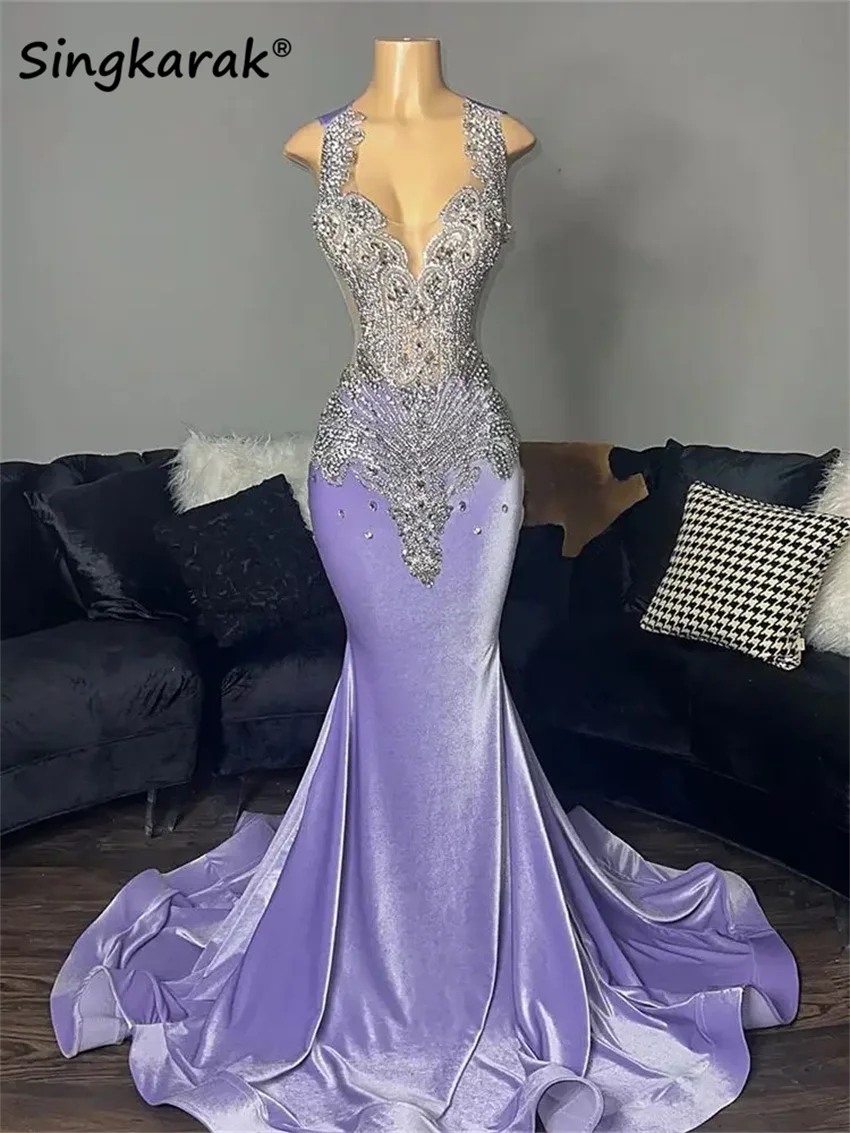 

Elegant Purple Lavender Prom Dress Velvet For Black Girl Glitter Beads Crystals Robe Birthday Party Evening Gown Customized