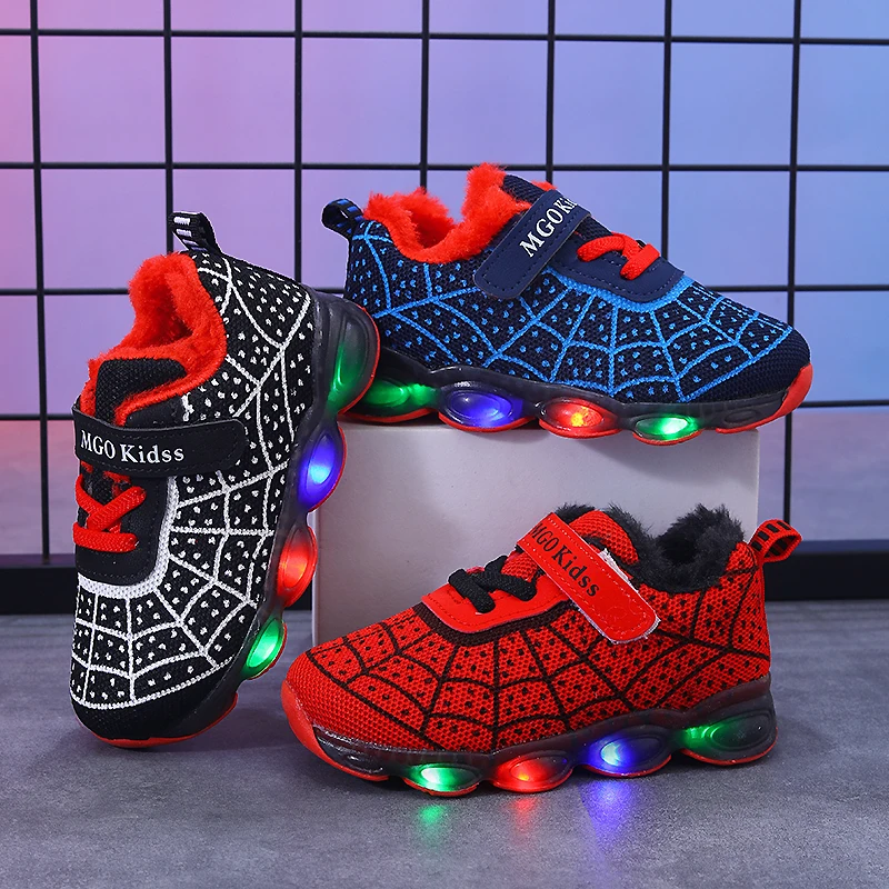 Mgo Kidss Winter Fleece-Lined Children's Light-Up Shoes, Sizes 21-36, Kids' Glowing Shoes, Boys' and Girls' Running Shoes, Baby Flashing Sneakers, Led Light-Up Sports Shoes with Mesh Spider Web Design, Suitable for Chi