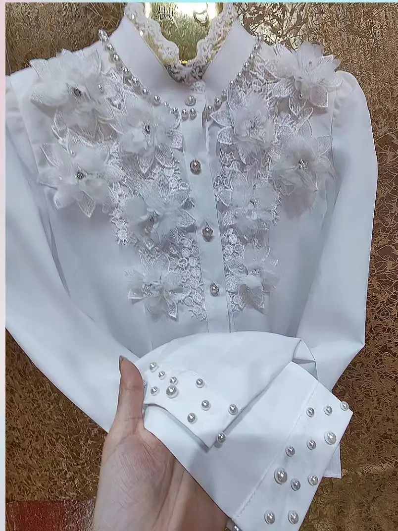 Camisas De Mujer Frauen Perlen Blumen Shirts und Blusen Für Frauen 2025, Herbst Langarm Einreiher Weiß Tops Blusas