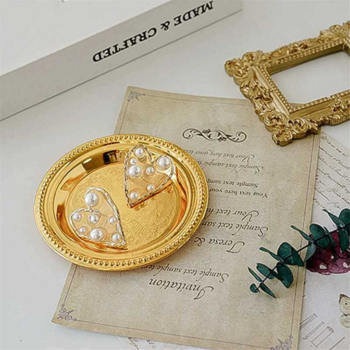 HHTL Vintage Jewelry Tray Round Storage Rack Tray with Lace Round Dot + Flat Edge Tray