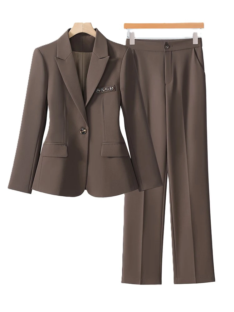 

Coffee Black Women Pant Suit Female Formal 2 Piece Set Office Ladies Work Blazer And Trouser