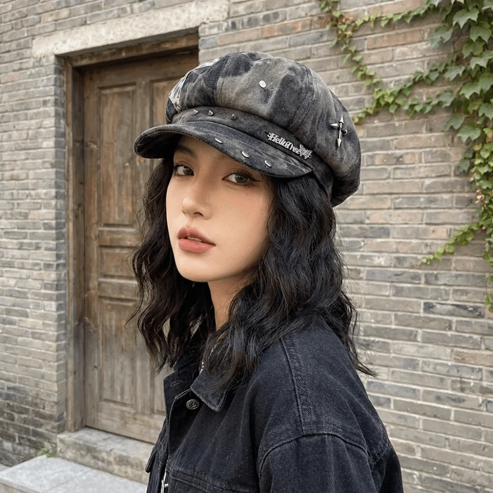 Simple Korean Style Star Octagonal Hat Versatile Polyester Painter Cap Big Head Circumference Sunscreen Women Artist Hat Daily