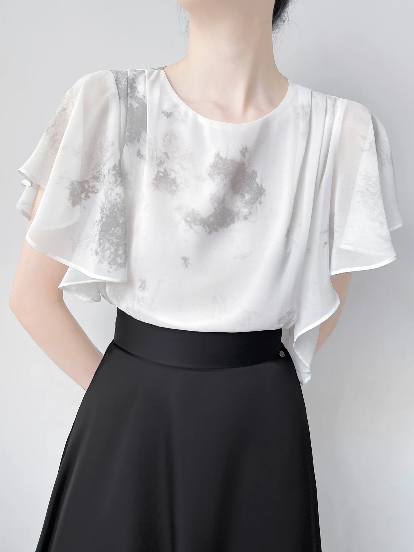 

White Silk Geometric Print Women's irt Summer New Irregular Design Wave Sve Chiffon Top Breathable Comfortable Korean Sle