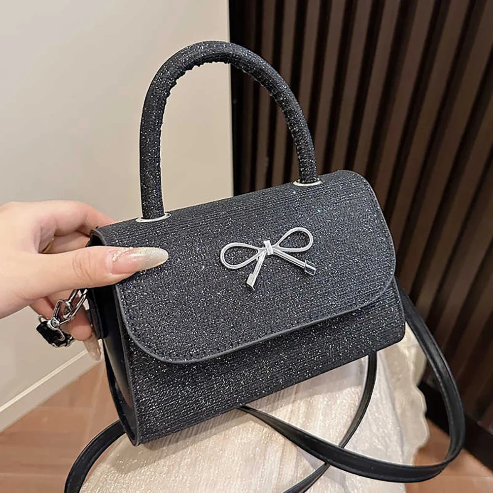

High End Bow Glitter Handbags Women Small Square Single Shoulder Bags 2025 New French Style Shiny Mini Crossbody Bag for Wallet