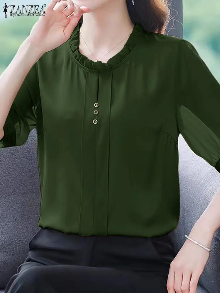 ZANZEA Elegant Women Blouse 2024 Summer Puff Short Sleeve Tops Shirt Fashion Ruffle Round Neck Tunic Vintage Office Lady Blusas