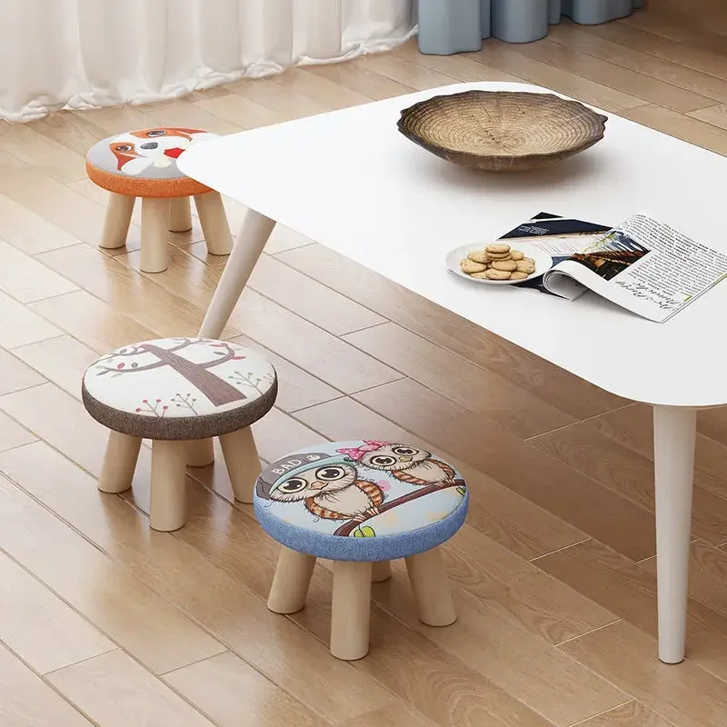 Cartoon Small Wooden Stool Round Footrest Seat with Non-Slip Pad Household Kids Ottoman for Living Room Hallway Sofa Tea Stools