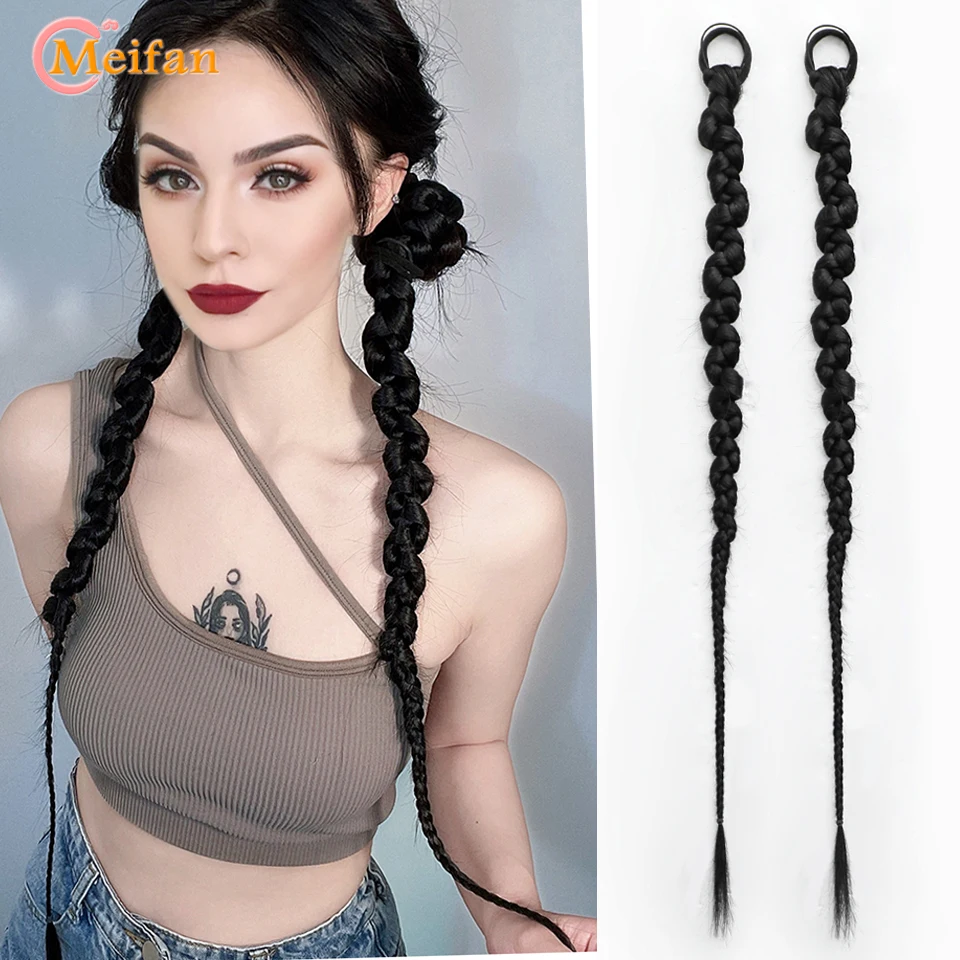 MEIFAN สังเคราะห์ยาวมวย Pigtail Chignon หางยางรัด Crochet Braid Hair ธรรมชาติปลอมคลิปผมหางม้า