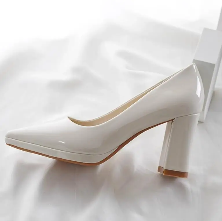 

Beige White Patent Leather Chunky High Heels Woman Pumps Pointed Toe 8Cm Heel Shallow Slip On Women Banquet Dress Shoes