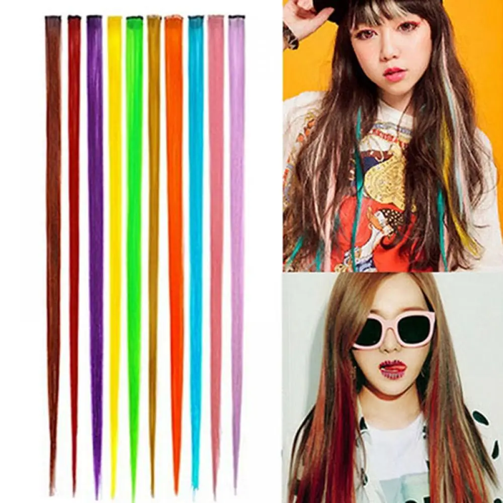 Extensions de cheveux humains synthétiques à clipser pour femmes, postiches arc-en-ciel à reflets colorés, multi-documents, longs et raides, 55cm