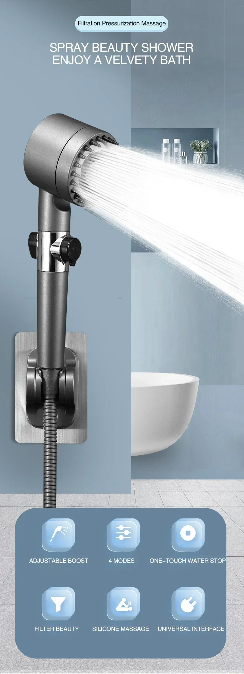 3-Modus-Duschkopf, Hochdruck-Duschkopf, tragbarer Filter, Regen-Wasserhahn, Wasserhahn, Badezimmer, Bad, Zuhause, innovatives Zubehör – Detail 2
