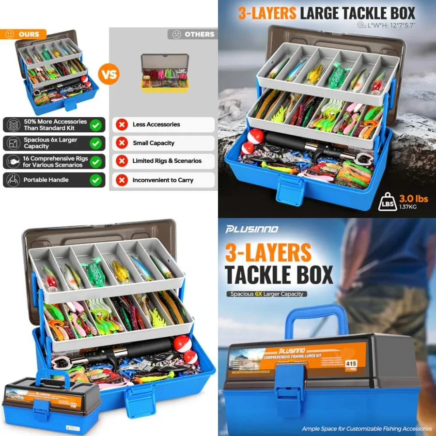 

Large 3 Layers Fishing Tackle Box with Tackle Included, Kit Contains Pliers, Crankbait, Weights, Accessories, Portable Fishing