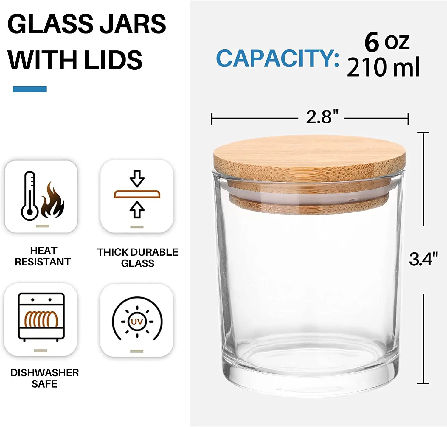 4pcs Clear Glass Candle Jars with Bamboo Lids for Making Candles 6 OZ Empty Candle Tins Bulk Candle Containers