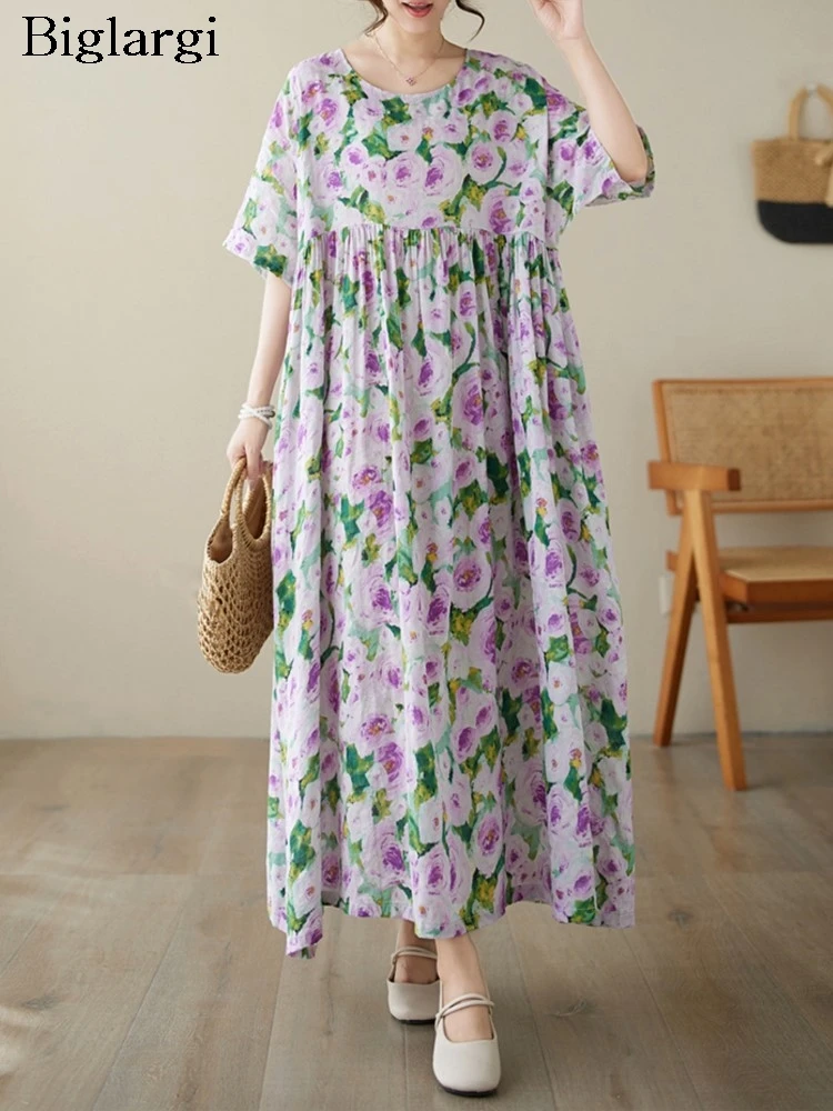 Vestido largo de verano con estampado Floral para mujer, traje holgado con volantes, plisado, informal, a la moda