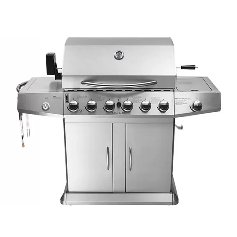 

Stainless Steel 6 Burner Gas BBQ Grill Big Cooking Area Modern Premium Design Adjustable Trolley Foldable Outdoor Use
