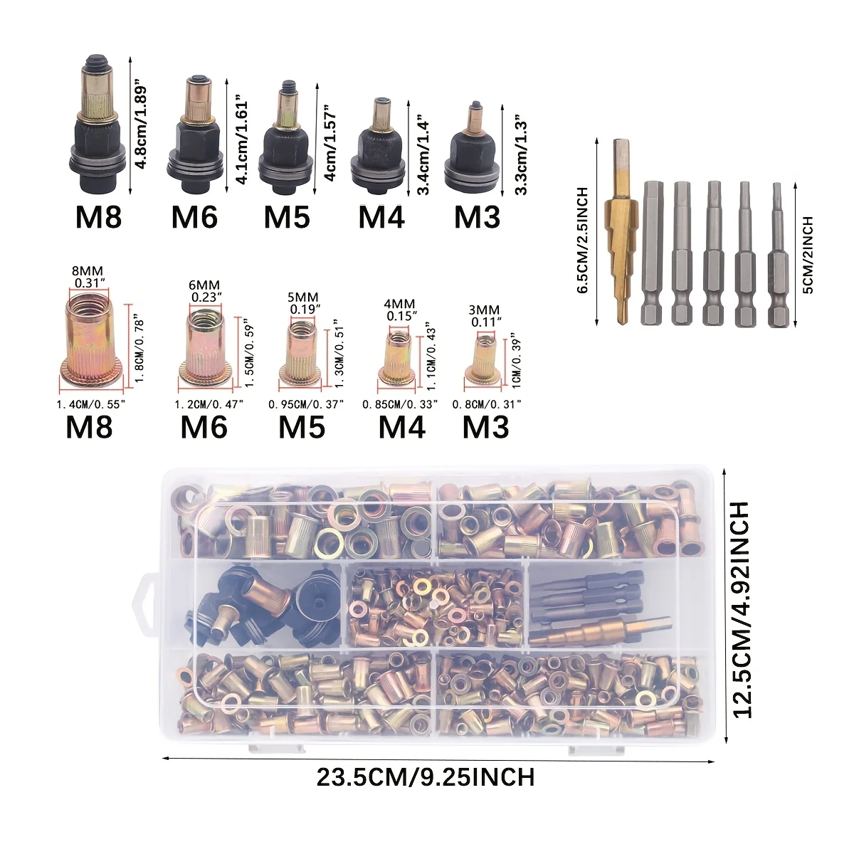 500pcs Rivet Nut Tool Set, M3 M4 M5 M6 M8 Rivet Head Adapter with Matching Rivet Nuts and 1 Step Drill Bit