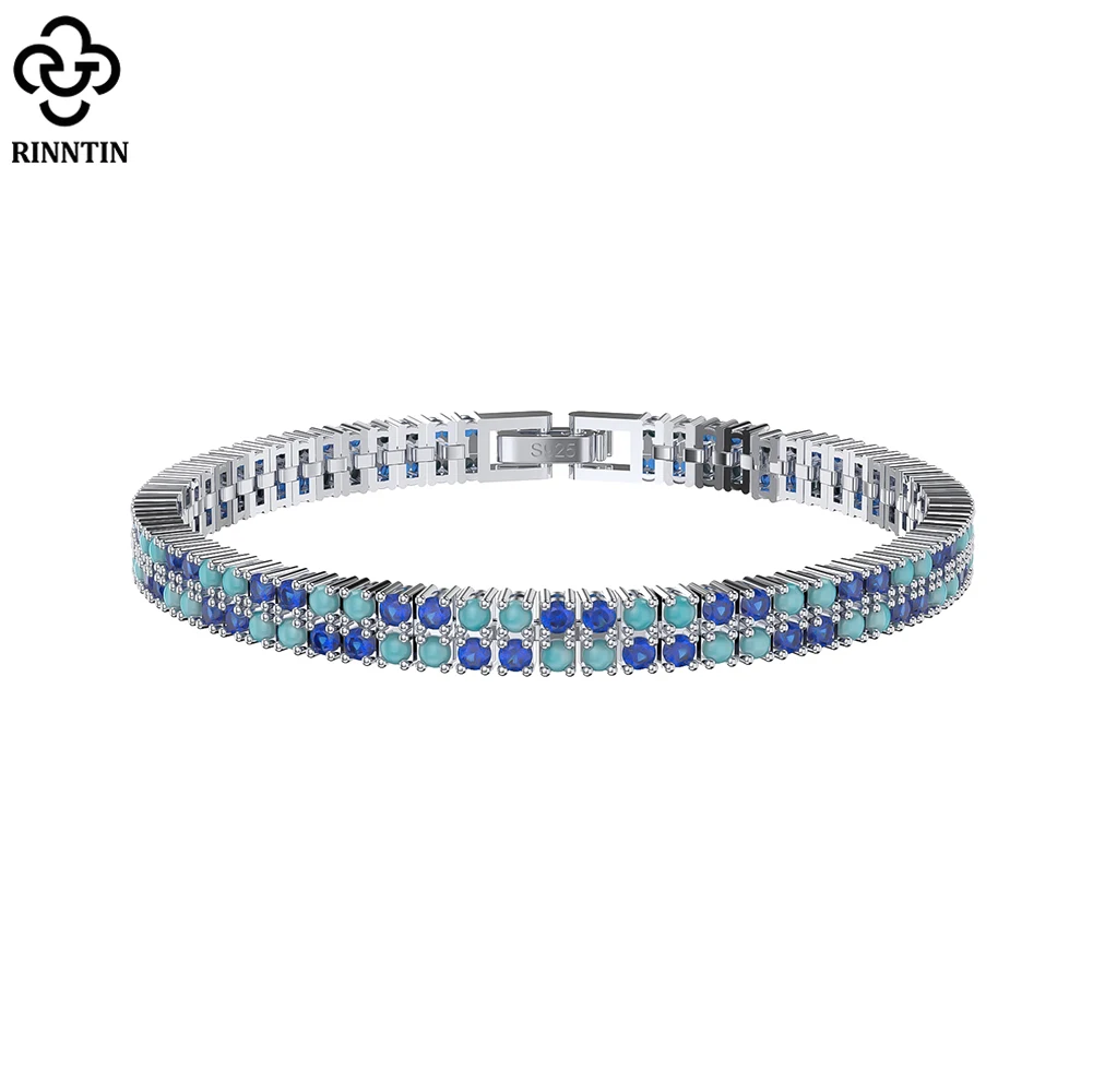 

Rinntin 2 Rows Tennis Bracelet 925 Sterling Silver Women's Luxury Blue CZ&Turquoise Chain Bracelet Wedding Jewelry SB159