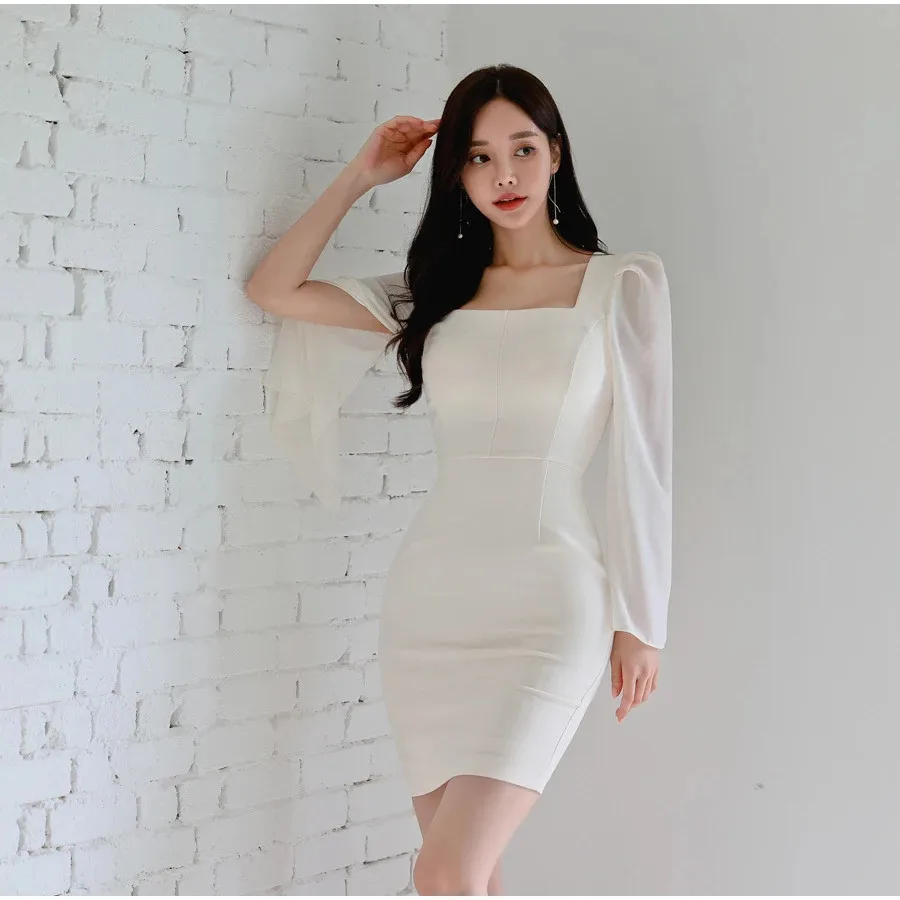 Autumn Vestido Korean Elegant Sexy White Fashion Flare Sleeve Work Party Dress Women Sexy Sheath Pencil Dresses