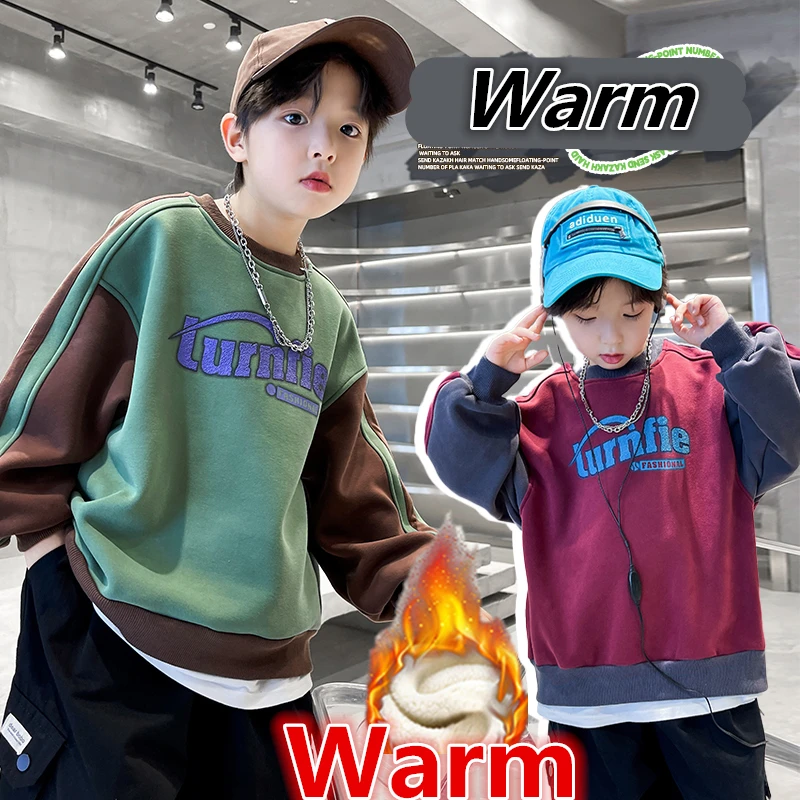

Autumn Winter Tweens Boy Insulated Sweatshirt with Letters for Children's Casual Warm Thermal Tops Kids Fashion Thick Hoodie