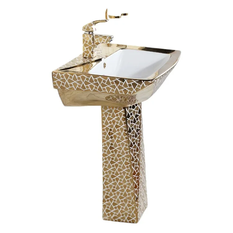 Bathroom pedestal wash sink two piece diamond ceramic fancy gold plated basin  closestool  WC