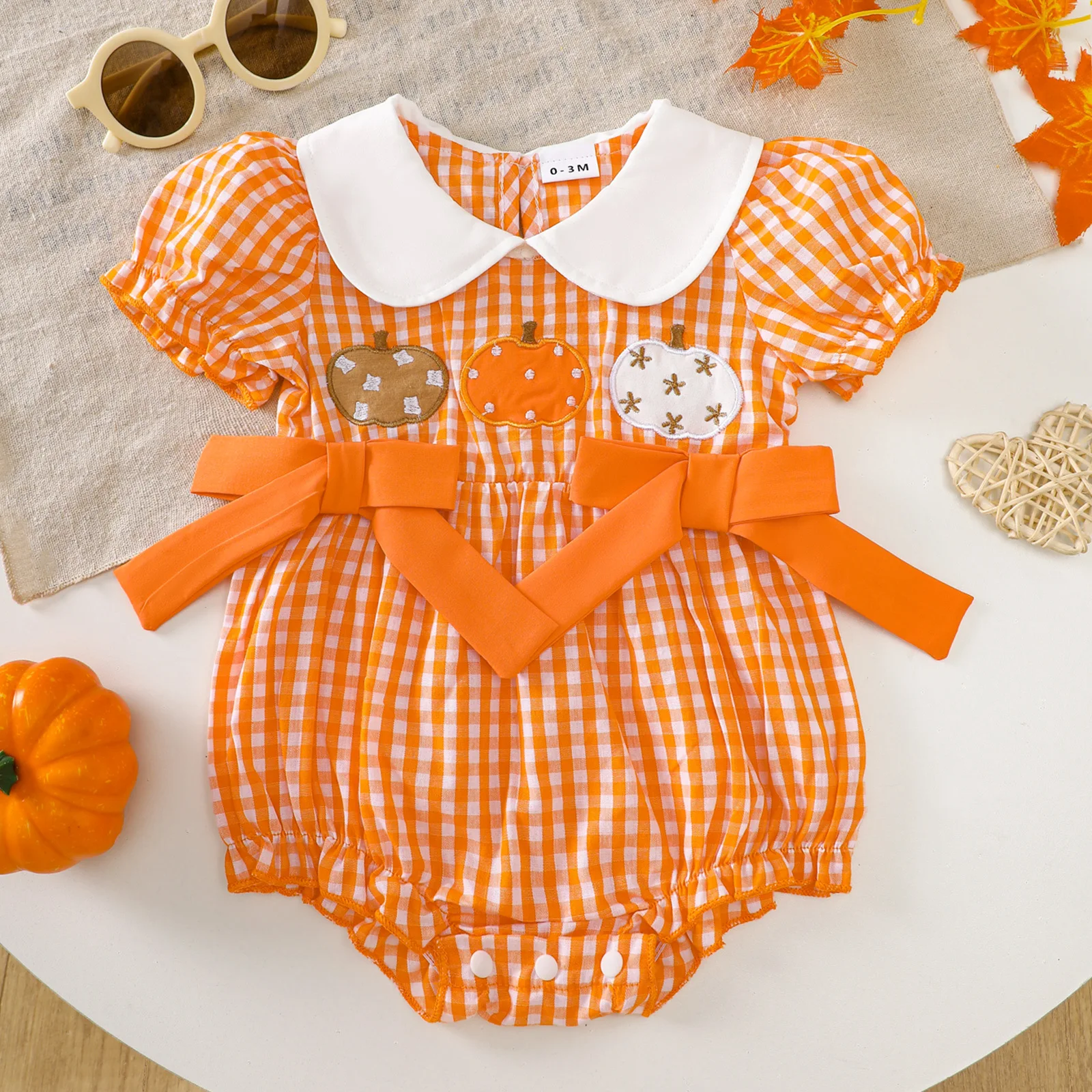 

Baby Girl Clothes Cotton Pumpkin Embroidered Gingham Romper 0-18M Newborn OnesieShort Sleeve Peter Pan Collar Halloween Bodysuit