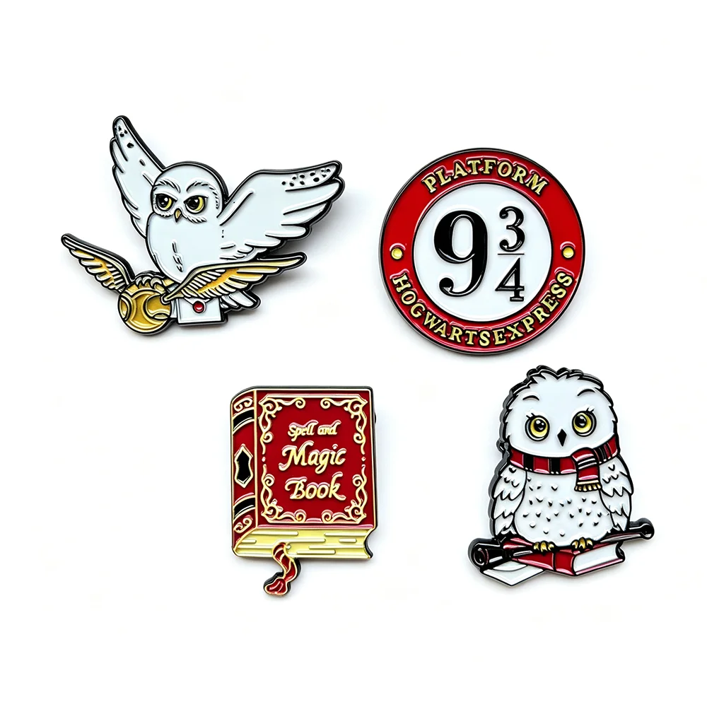 4-teiliges Magisches Fantasy-Emaille-Pin-Set: Vintage-Eulen- und Zauberbuch-Metallanstecker für Rucksäcke, Kleidung und Zauberer-Schmuck