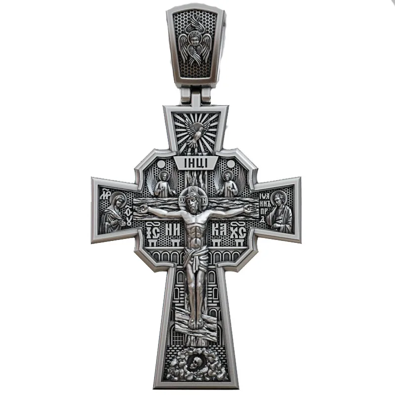 

24g Long Big Size Orthodox church cross saints crucifixion Pendant 925 SOLID STERLING Silver High Trendy