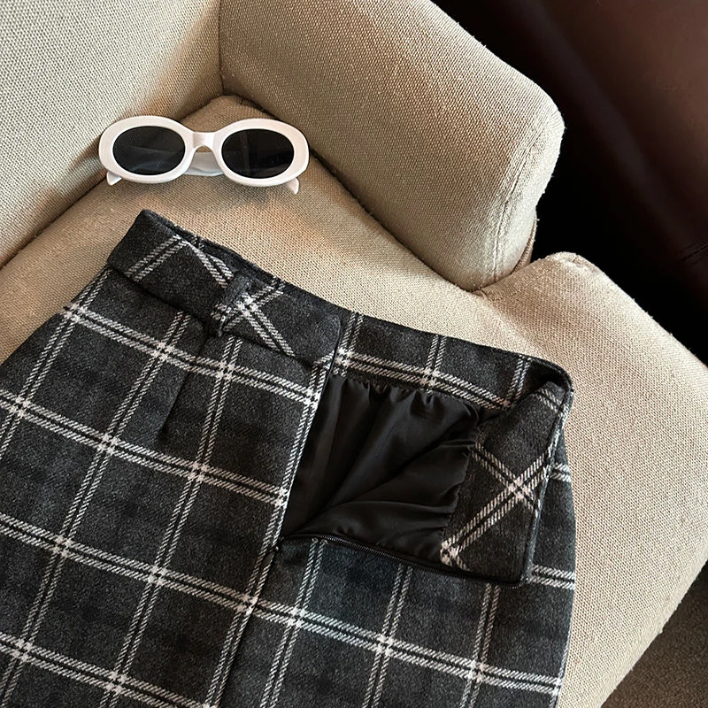 Minifaldas a cuadros de retales de encaje para mujer, faldas de lana sintética sin cinturón de cintura alta para otoño e invierno, moda Preppy Y2K, falda acampanada que combina con todo