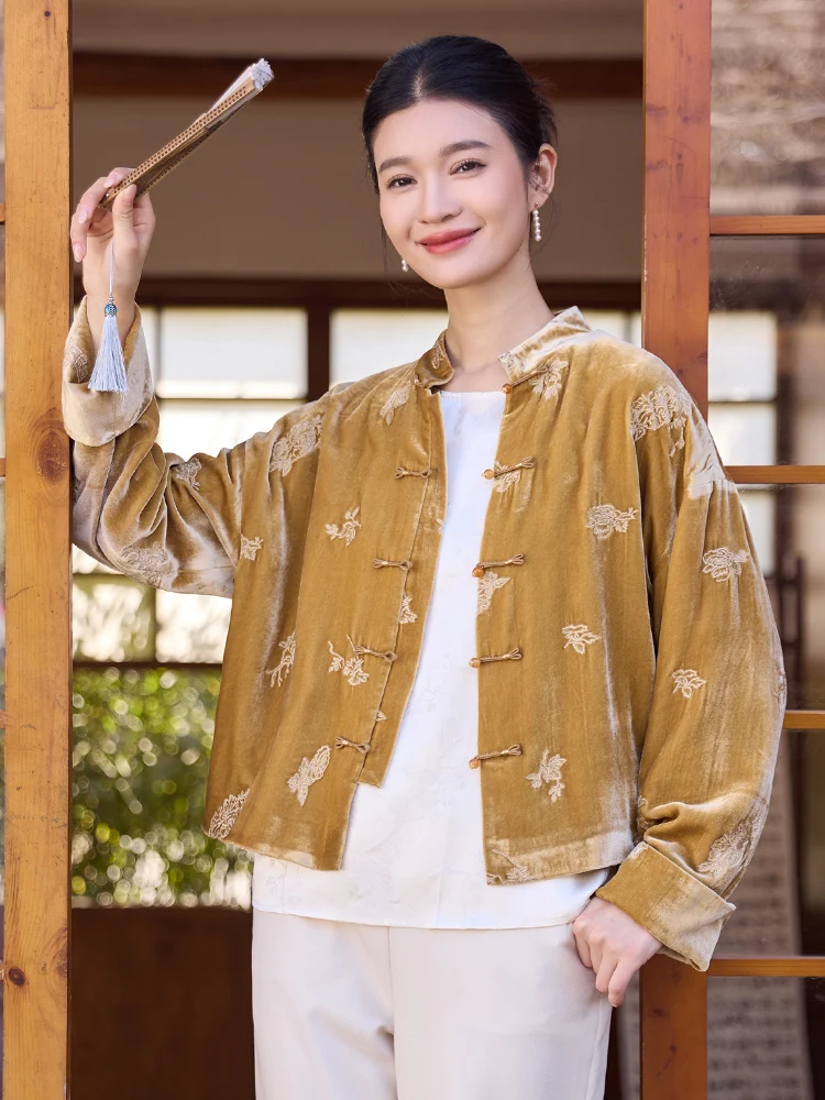 

Silk Velvet Stand Collar Women's Spring Vintage Artistic Loose Fit Coat Single Button Embroidered Traditional Tang ...