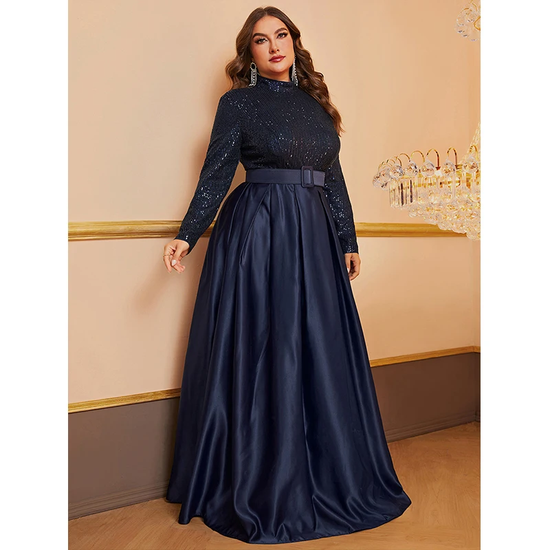 2024 Elegant vestido de festa Women Long sleeve High Waist Blue Sequined Cocktail Prom Long Maxi dresses