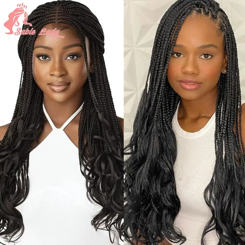 18 Inch Synthetic Boho Braided Wigs Knotless Braided Lace Wigs with Curly Ends Lace Front Braiding Hair Wig for Black Women